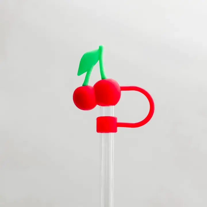 10mm Silicone Beverage Straw Topper - Cherry-Animal Shape Durable Silicone Cover, Cute Specialty Kitchen Utensil for Party Drinks, Smoothie Lovers with Fun Flair