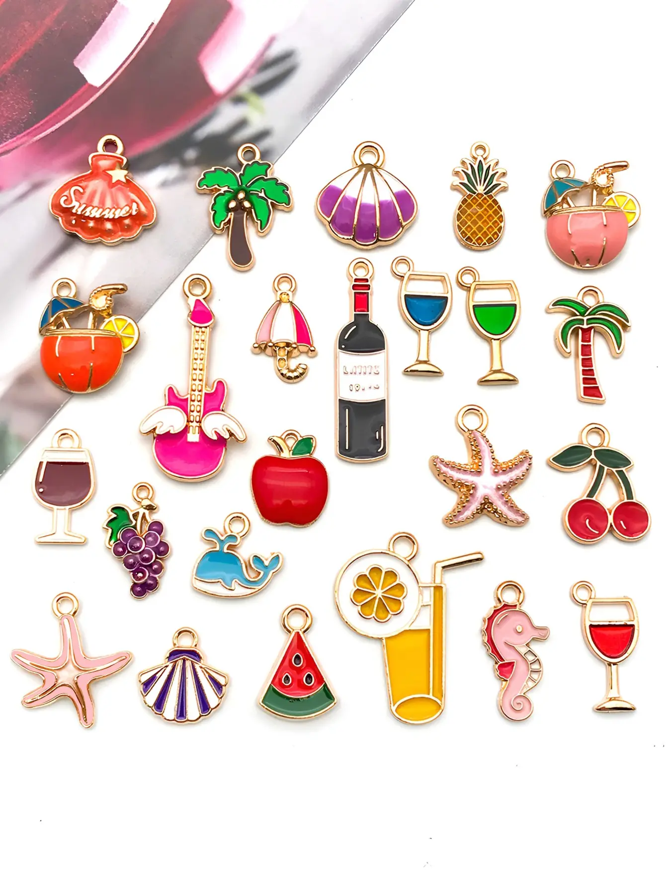 24pcs Mixed Fashion Enamel Charms, Beach Holiday Pendants, Juice Fruit Starfish Designs, DIY Summer Jewelry Accessories, Juice Box Pendant, DIY Jewelry Making