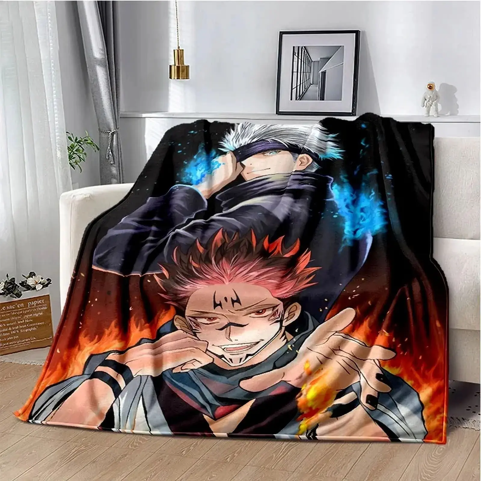Jujutsu Kaisen Gojo Satoru-Ryomen Sukuna Cozy Throw Blanket, Single Layer Fleece, All Seasons Soft Warm Wrinkle-Resistant Fade-Resistant Anime Manga Print, Dark Aesthetic Otaku Gift for Edgy Teens, Bedroom Cover