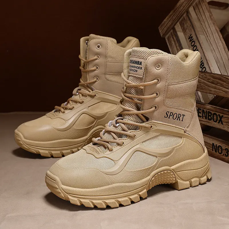 Waterproof Hiking Boots for Men Outdoor Comfort Tactical Style Boots with Breathable Mesh and Anti-Skid Sole, Walking Shoes, Footwear, Minimalist, Laces, Round Toe, Casual, Athletic, Pu Leather