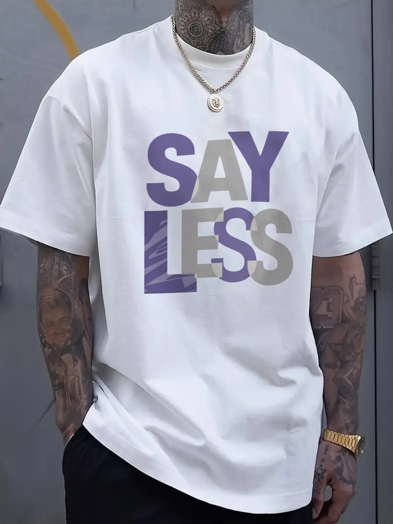 Men's Black T-Shirt, Purple and White SAY LESS Print, Suitable for Casual Wear