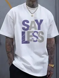 Men's Black T-Shirt, Purple and White SAY LESS Print, Suitable for Casual Wear