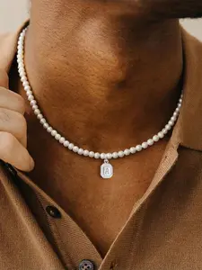 Men's Silver Color Zirconia Block Letter Pendant Necklace, Vintage Classic Simple Faux Pearl Beaded Chain, Casual All Seasons Jewelry, Dainty Necklace Daily Wear Letters Necklace