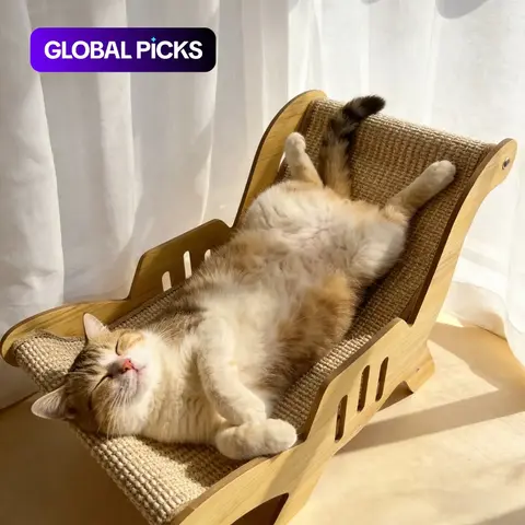 Sisal Cat Scratcher Chaise Longue, Wooden Frame Lounge Bed for Cats, Curved Scratching Board and Resting Chair, Ideal Gift for Home Indoor Cats #GLOBAL PICKS