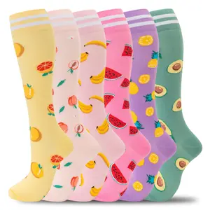 Mother's Day Gift 6 Pairs Cute Fruit Print Compression Socks 15-20mmHg Knee High Circulation Support for Nurse Running Travel Daily Wear Breathable Moisture-Wicking Fabric Non-Slip Cuff