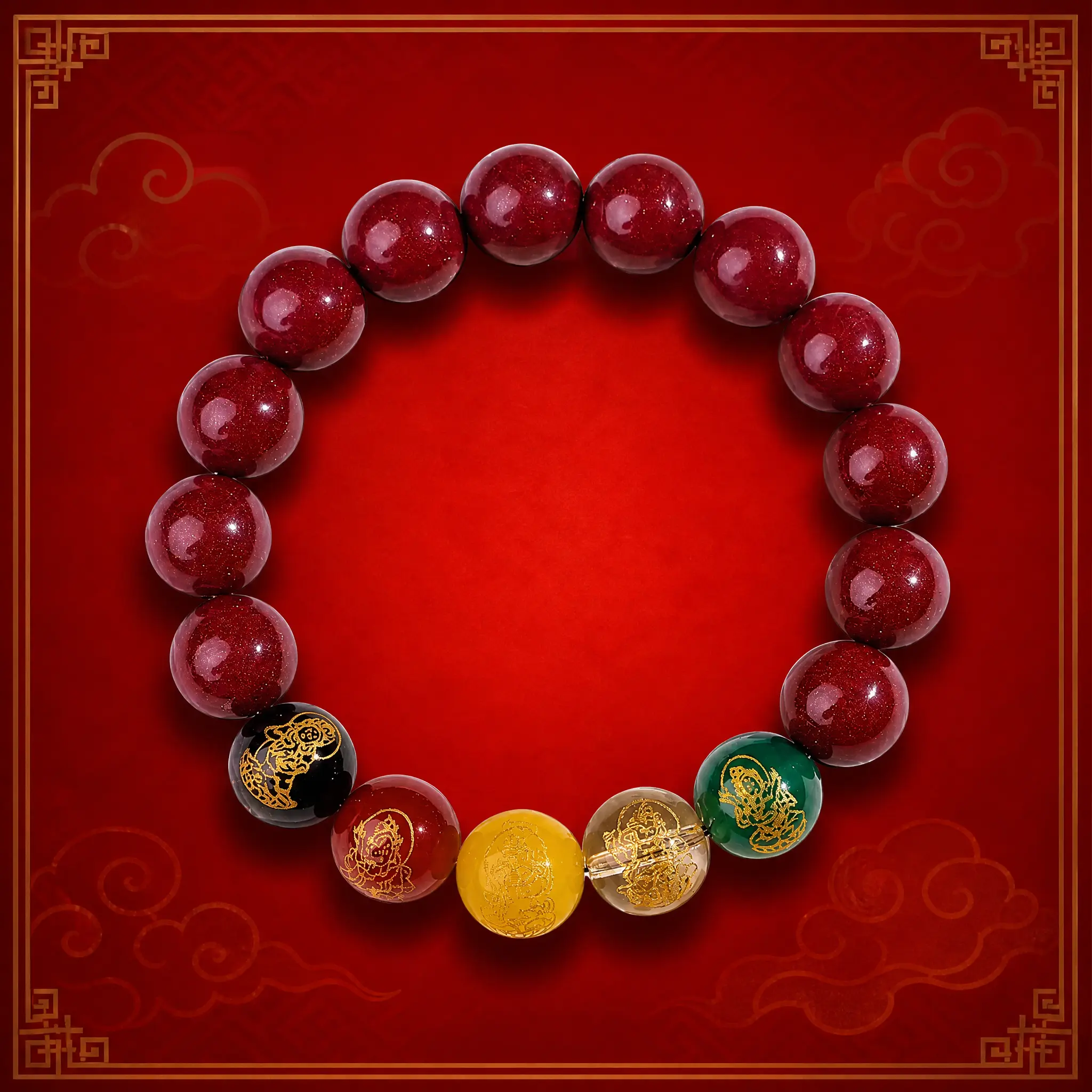 Five Fortune Gods Prosperity Bracelet with Cinnabar Beads for Wealth Attraction & Positive Energy - Taoist Master Blessing Chinese Feng Shui Elegant Bangle Five Elements Balance, Holistic Energy Harmony summerwins