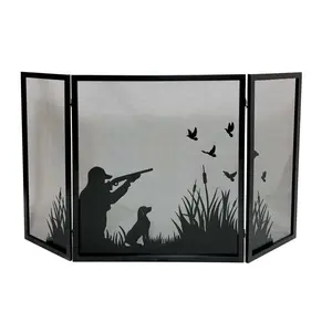 212 MAIN 3-Fold Steel Fireplace Decor Screen, 57.75 x 32", Black, Duck Scene Hunting Motif for Home & Festive Decorations, Fireplace Decor Ideas, Hunting Theme