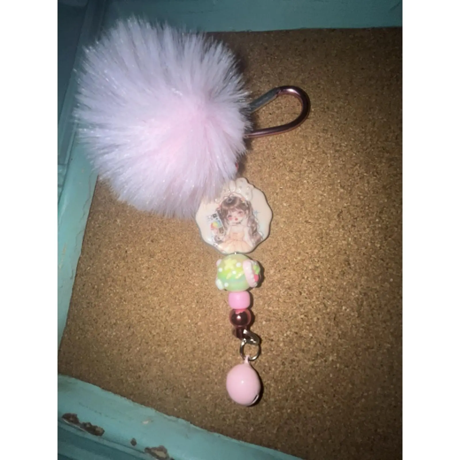 Skull Panda Bag Charm or Keychain with Pink Fluff Ball and Beads - Adorable Accessory for Bags and Keys