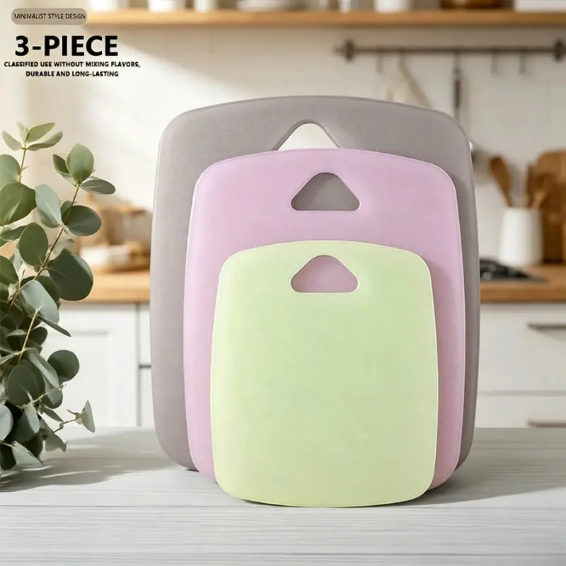 3-piece set of multi-color partitioned plastic cutting boards, made of food grade thickened material, with a portable hanging handle, anti slip and cutting resistant, suitable for meat, vegetables and fruits, and a healthy cooking tool for home kitchens