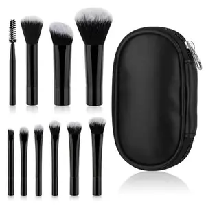 10-Piece Travel Makeup Brush Set – Black Mini Brushes with Portable Pouch