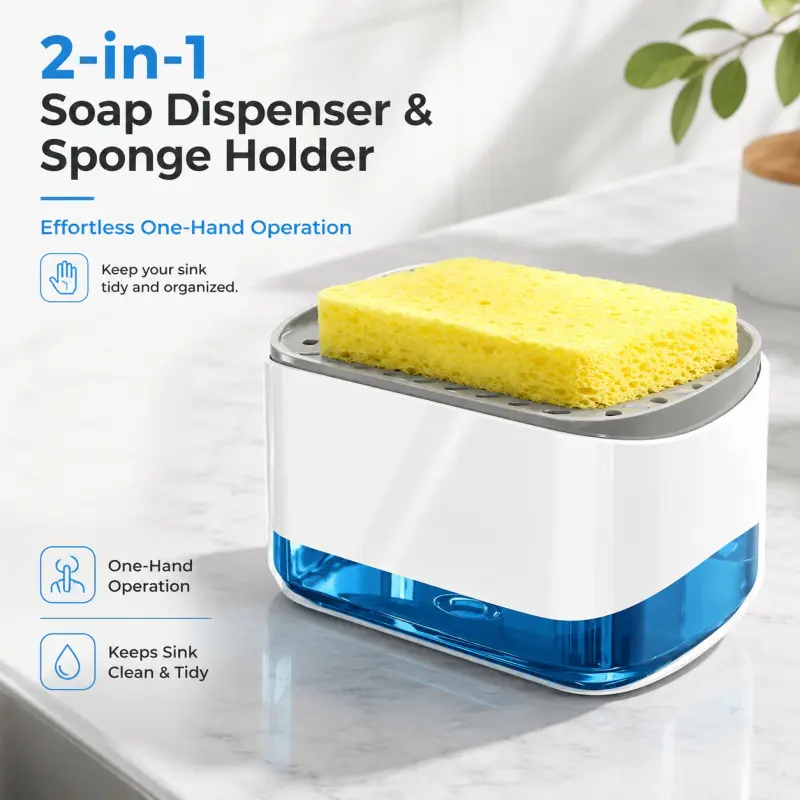 One-handed press-type soap dispenser with sponge holder and multi-functional kitchen detergent pump dispenser for quick liquid dispensing, Dish Soap Dispenser, Sink Soap Dispenser, Dishwashing Dispenser