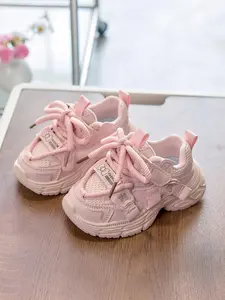 Girls' Sweet Sakura Girly Mesh Leather Sneakers, Breathable Anti-Slip Round Toe Low Top Velcro Thick Sole, Casual Outdoor Party Shoes