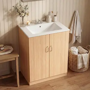 Modern 24 Inch Bathroom Vanity with Ceramic Sink, Freestanding Vanity Cabinet with 1 Drawer & 2 Doors, Metal Handles, Undermount Basin with Overflow Protection, Easy Assembly