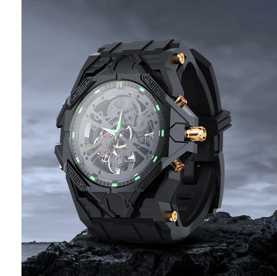 Novamos Men's Rugged Ceramic Skeleton Watch, Automatic Analog Mechanical Timepiece, Luminous and Water Resistant with a Rubber Strap, Rugged Style, Buckle, Ideal Gift For Friends, Square Face, Male Wear, Skeleton Dial