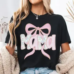 Coquette Patchwork Mama Bow Vintage Tee | Oversized Retro Cottagecore Mama Graphic Shirt