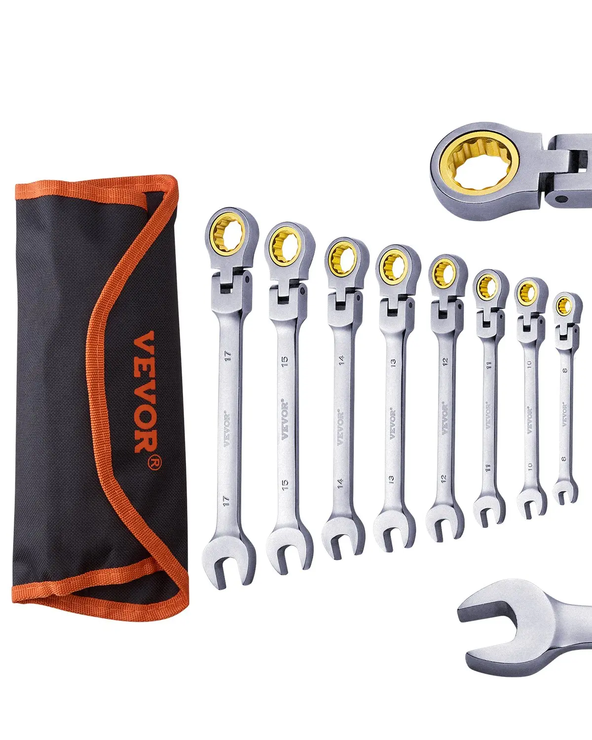 【summerfinds】VEVOR Flex-Head Ratcheting Wrench Set 8 PC Metric 8 mm-17 mm with Roll-up Pouch, Wrench Tool, Combination Wrenches