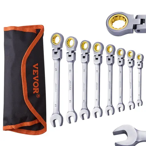 VEVOR 8-Piece Metric 180° Adjustable Head 72-Tooth Ratchet Combination Wrenches, 8mm-17mm CR-V Steel with Erosion-Resist Coat, Roll-Up Pouch Carry for DIY & Home Repair Combination Tools