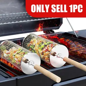 Round Barbecue Grill Basket Set, Barbecue Utensils, Stainless Steel Rolling BBQ Cage, Wire Mesh Cylinder Grilling Rack, Outdoor Camping Essential Tool