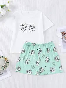 2 pieces of Big Boy Cow Brother printed round neck short sleeved shorts sleepwear set Pajama Set suitable for all seasons, casual, comfortable, cute home wear Pajama Pattern