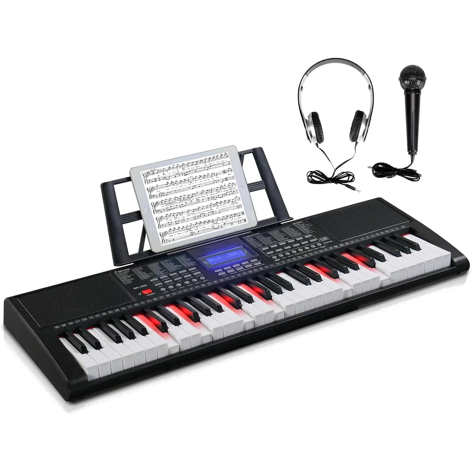 GLARRY 61-Key Digital Piano Keyboard Set for Beginners, Portable Lighted-Key Electronic Keyboard with LCD Screen, Microphone, Headphones, 3 Teaching Modes, Built-In Speakers, Keyboard Piano Set