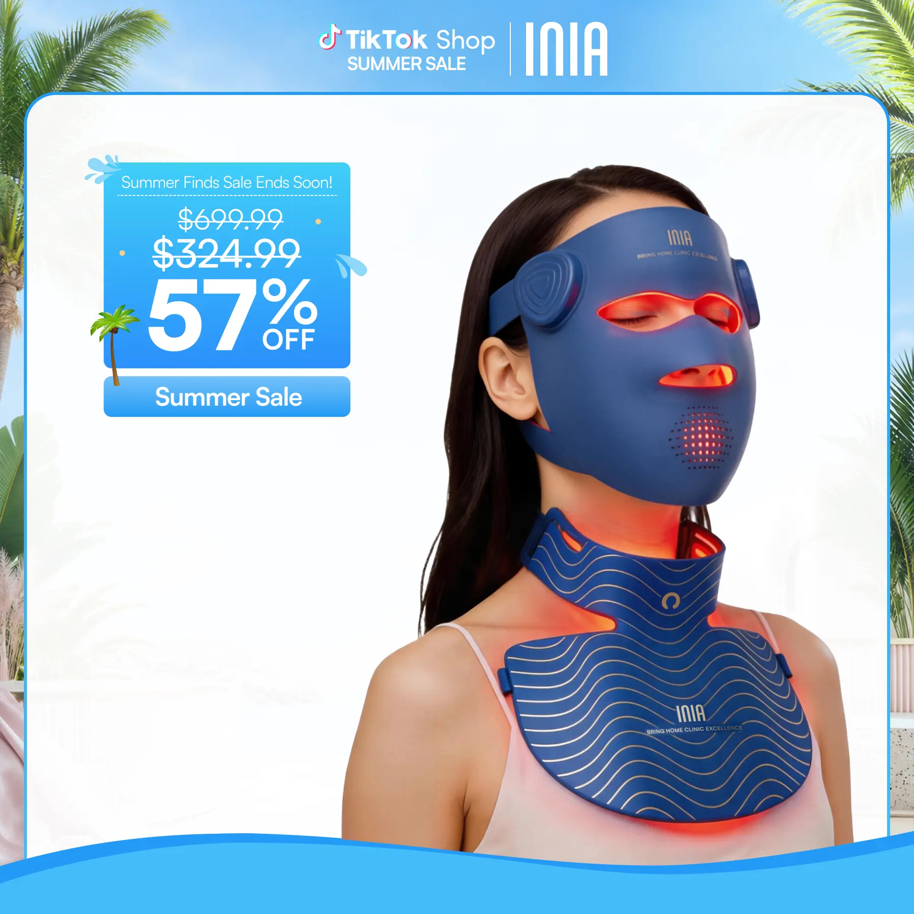 INIA GLOW 940nm 4D Face Mask & Neck Mask Bundle, Deep Dual NIR Repair (940+850nm), Cooling Therapy for Lift, Glow & Wrinkle Reduction, Face to Chest Anti-Aging,Summer Travel Accessories