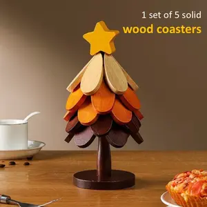 5pcs Star Apple Tree Coaster Set with Stand, Wooden Coasters, Heat-Resistant Table Mats, Foldable Tree Display Design, Reusable Drink Coasters for Hot & Cold Cups, Decorative Home Table Accessory, Practical Gift for Family, Friends, Daily Dining Use