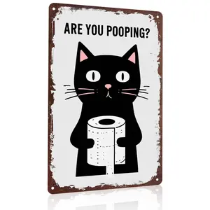 Are You Pooping? Black Cat with Toilet Paper 12x8 Inch Aluminum Metal Sign - Funny Cat Lover Wall Decor for Bathroom, Restroom, Powder Room - Retro Tin Sign Gift for Cat Parents & Pet Enthusiasts
