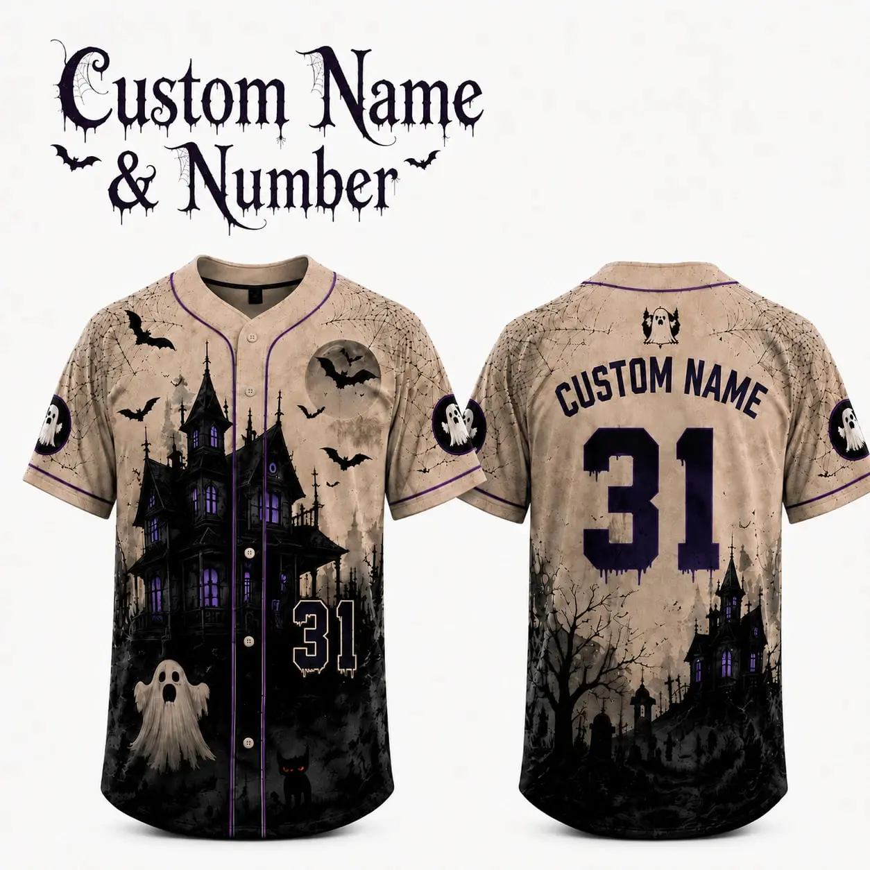 Custom Gray Halloween Baseball Jersey, Personalized Name & Number, Unisex Short Sleeve Shirt