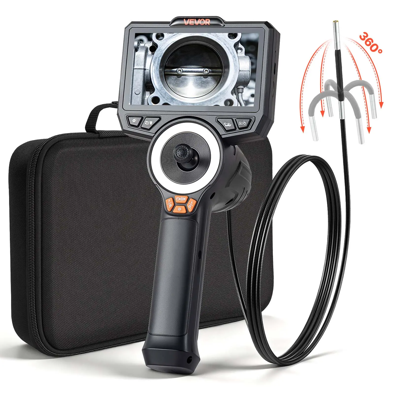 【Summerfinds】VEVOR Articulating Borescope Inspection Camera - 3.9mm Ultra-Slim 360° Articulating Lens, 4.5 inches HD IPS Large Screen, HD Video, 8X Zoom, 4.9FT Snake Cable, 3000mAh Battery, 4-Way Lights, for Auto Engines, Tight Mechanical Equipment