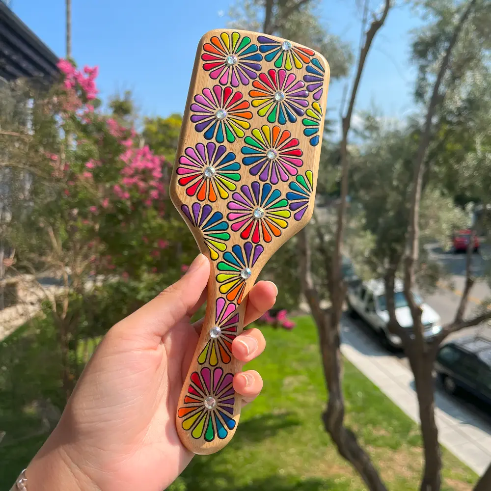 Hand Painted Bamboo Hair Brush with Colorful Floral Design & Sparkling Gem Accents Eco Friendly Natural Comfortable Anti Static Water Resistant