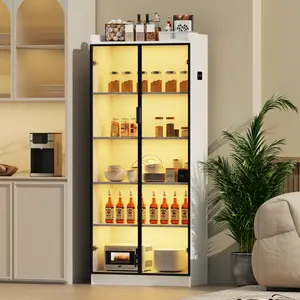 FREDEES 65" White Tall Storage Cabinet with Doors, Adjustable Shelves, Metal Handle, LED Lights & Human Sensor - 5-Tier Furniture for Kitchen Pantry, Bedroom & Living Room, Modern Interior Design