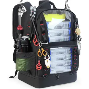 Fishing Tackle Backpack with Cooler,45L Large Tackle Bag with 2 Rod Holders & Clear Window,Outdoor Fishing Backpack for Fishing,Camping, Hiking,Black