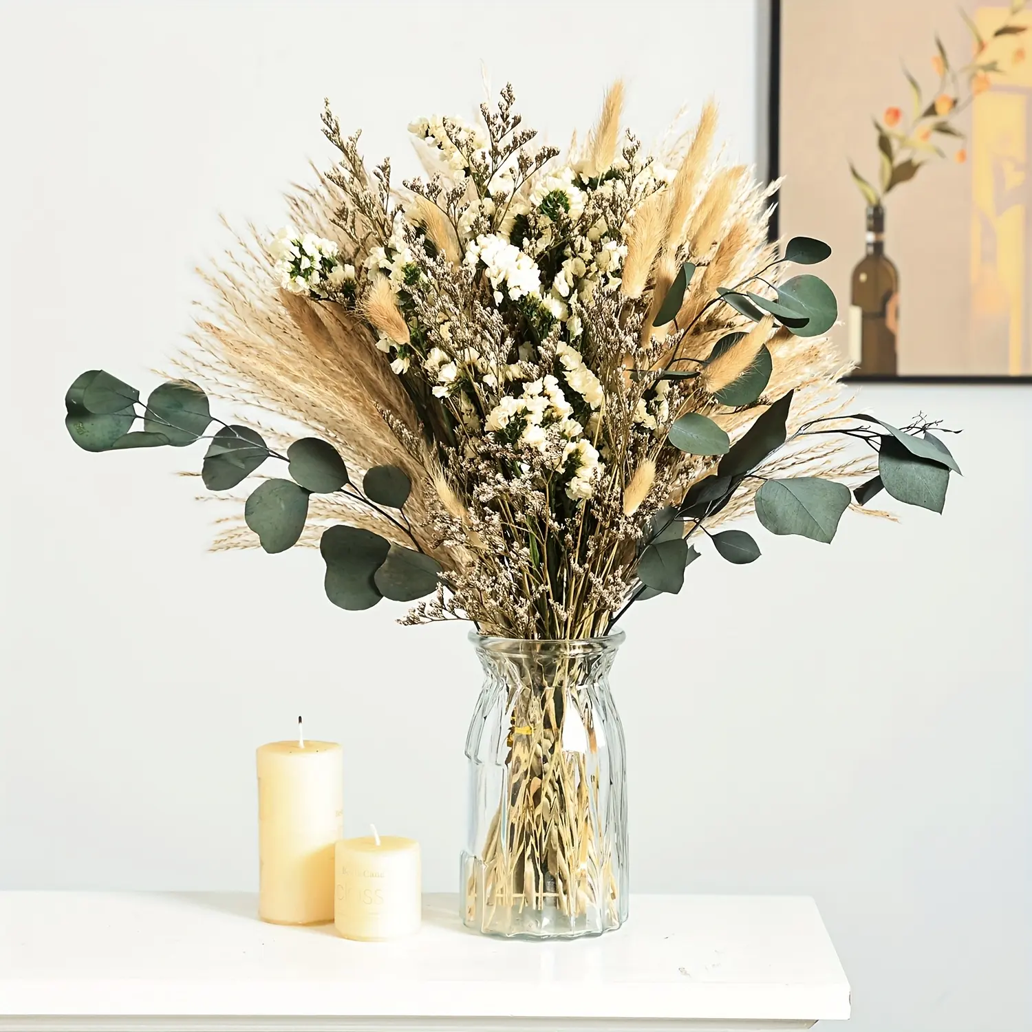 90pcs Boho Pampas Grass Dried Bouquet with Bunny Tail Grass & Eucalyptus - Decorative Bohemian Artificial Flowers, Faux Floral Decor for Home Wedding Flower Arrangements
