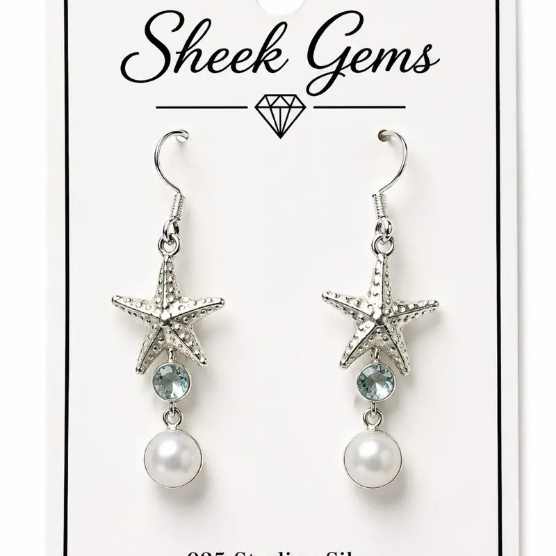 Sterling Silver Starfish Earrings with Blue Topaz & Freshwater Pearl