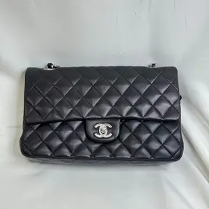 Pre-owned CHANEL leather Crossbody Bags Medium Classic Double Flap Bag Black Lambskin Silver Hardware