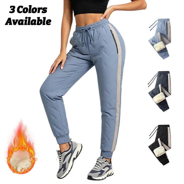 Women's Quilted Padded Winter Jogger Pants - Plain, Polyester, Water-Resistant, Thick Lamb Fleece Lined, Adjustable Drawstring Elastic Waist, Windproof, Side Zipper Pockets, Contrast Stripes, 3 Colors Available
