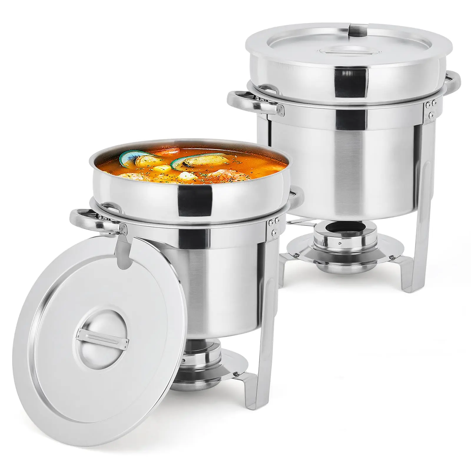 2-Piece Commercial-Grade Stainless Steel 7QT Round Pot Soup Chafer Cookware Set, Indoor Buffet Equipment with Notched Lids, Fuel Holders, and Covers (2-Piece Sets), Two Piece Sets
