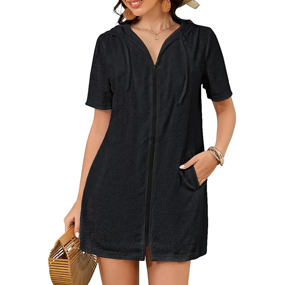 Bsubseach Women's Hooded Swimsuit Cover Up, Terry Cloth Zip-Up Beach Robe, Quick-Drying Polyester Swimwear with Pockets, Swimwear Coverups, Polyester Clothing, Cover Ups Swimsuits, Beach/Pool, Hooded Zip, Water Park, Above Knee, Beachwear