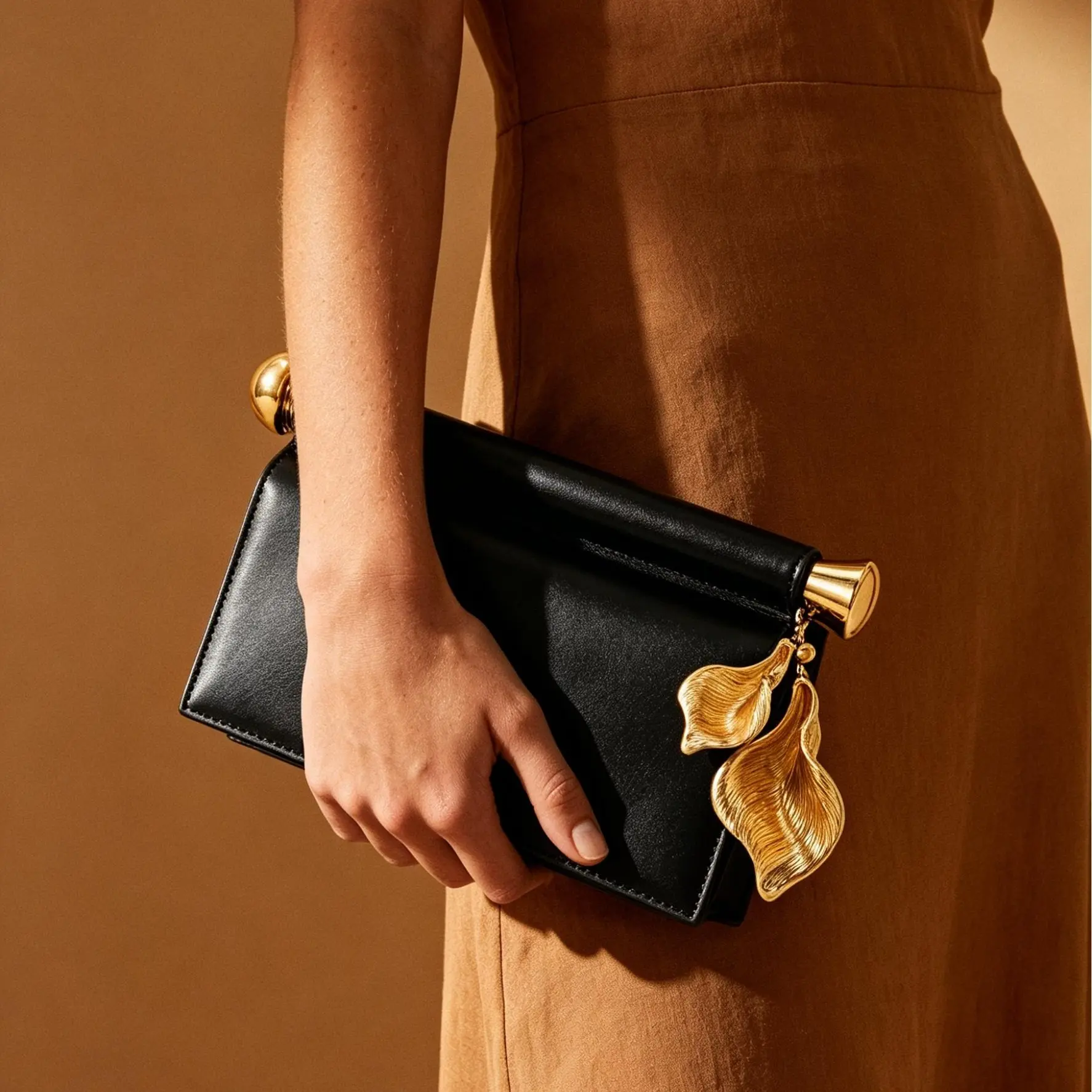Women's Luxury Gold Leaf Pendant Leather Clutch Bag - Elegant Roll-Top Evening Handbag with Flowers, Holiday Design, Spacious Inside, Texture Metal Accents, Detachable Chain