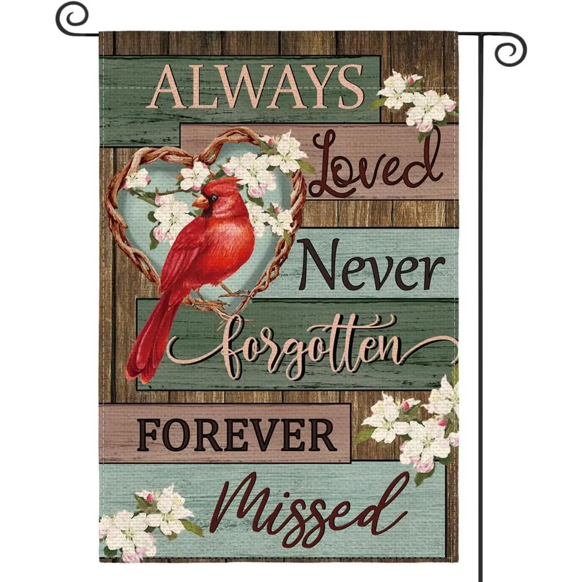 Cardinal Sympathy Garden Flag 12x18in, Double-Sided "Always Loved Never Forgotten Forever Missed" Yard Decor, Memorial Red Bird Outdoor Banner for Patio Porch