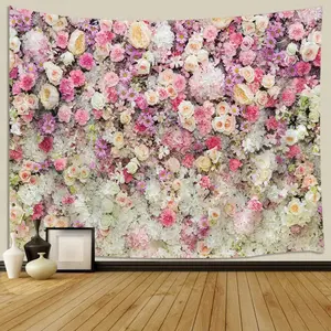 Linen Floral Print Wall Tapestry for Girls - Colorful Pink Yellow Rose Design, Indoor Hanging Bedroom Decor, Machine Washable Beach Blanket (80" W x 60" H)