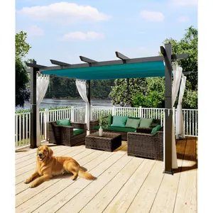 Garvee 10 x 13 ft Outdoor Pergol Metal Gazebo with Adjustable Canopy Reinforced Frame Outdoor Shelter for Backyard Patio Garden Deck - Blue with Curtains Mosquito Netting