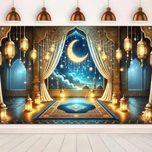 2D Flat Banner 1pc Ramadan Decoration, Lantern Moon Background, Islamic Wall Decor, Muslim Home Party Supplies, Outdoor Hanging Scene