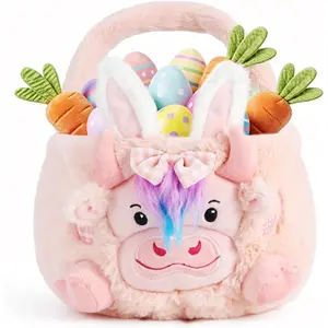 Plush Easter Baskets for Kids Adults, Soft Highland Cow Bunny Basket with Embroidered Face & Long Floppy Ears, Empty Easter Basket with Handle for Egg Hunt