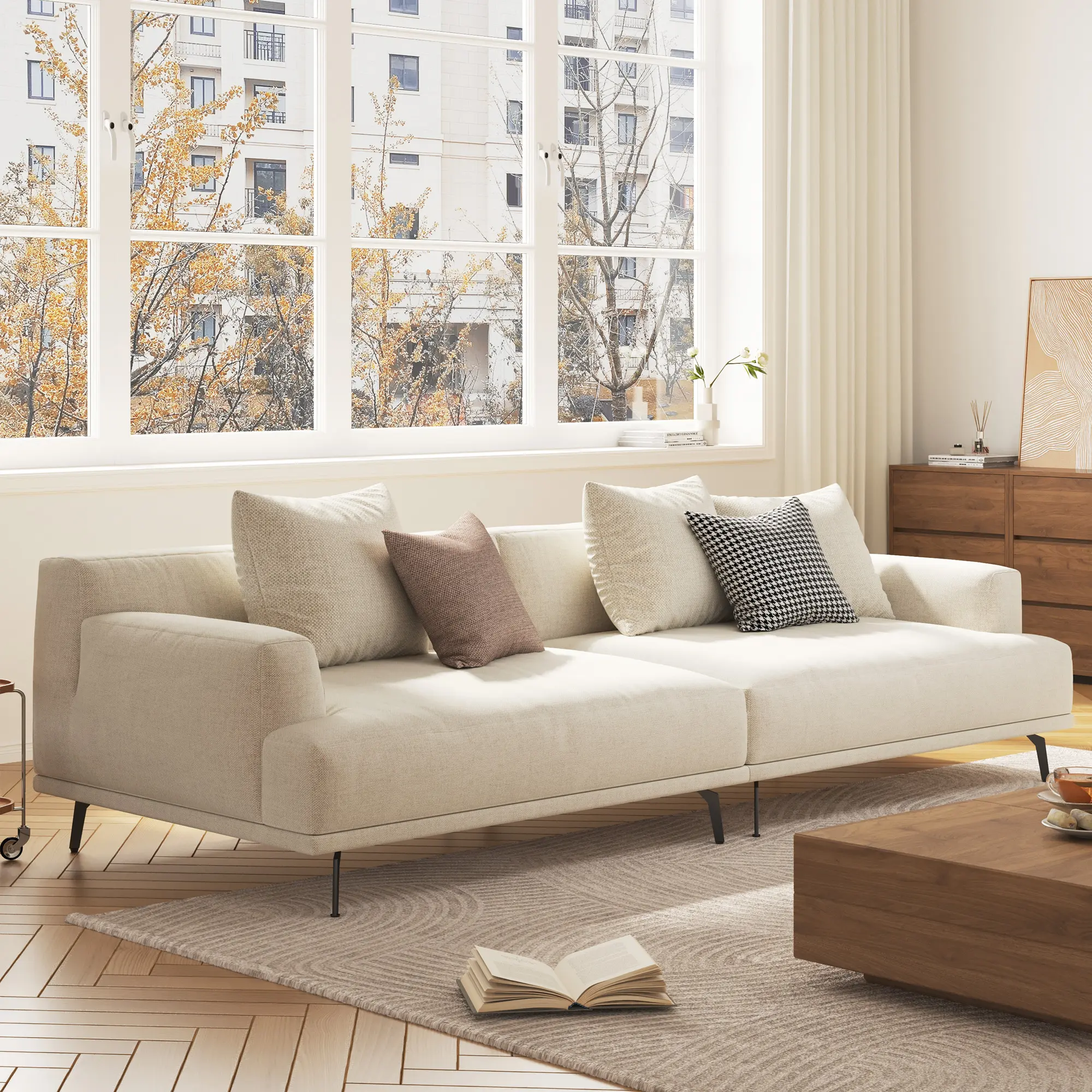 4-Seater Living Room Sofa - Modern Leisure Modular Sofa with Wooden Frame and Metal Legs, Soft Cotton-Linen Fabric, Easy to Install, Suitable for Office, Apartment, and Living Room, Grey,
