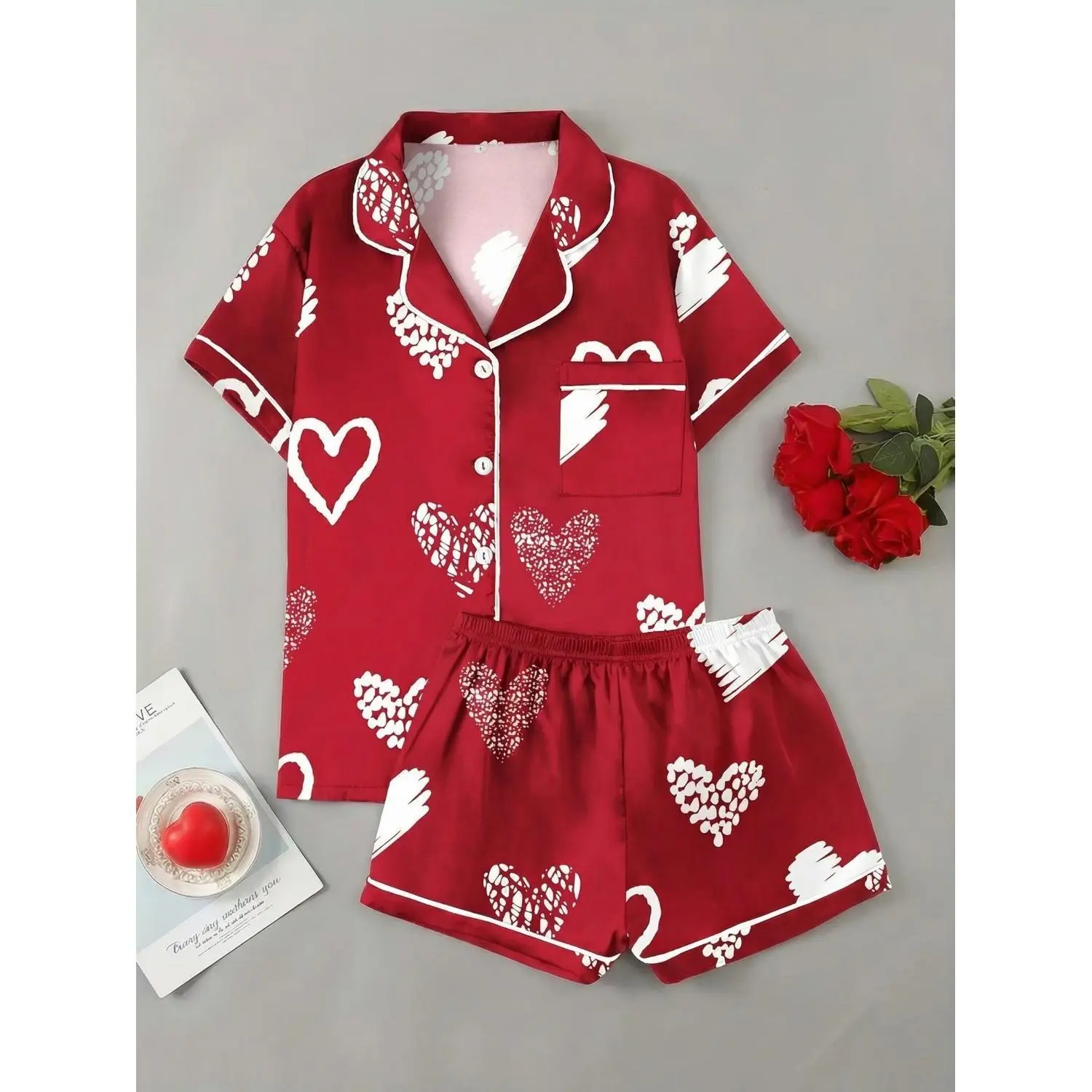 Women's Comfortable Red Valentine's Day Pajama Set with White Hearts, Nightwear & Loungewear