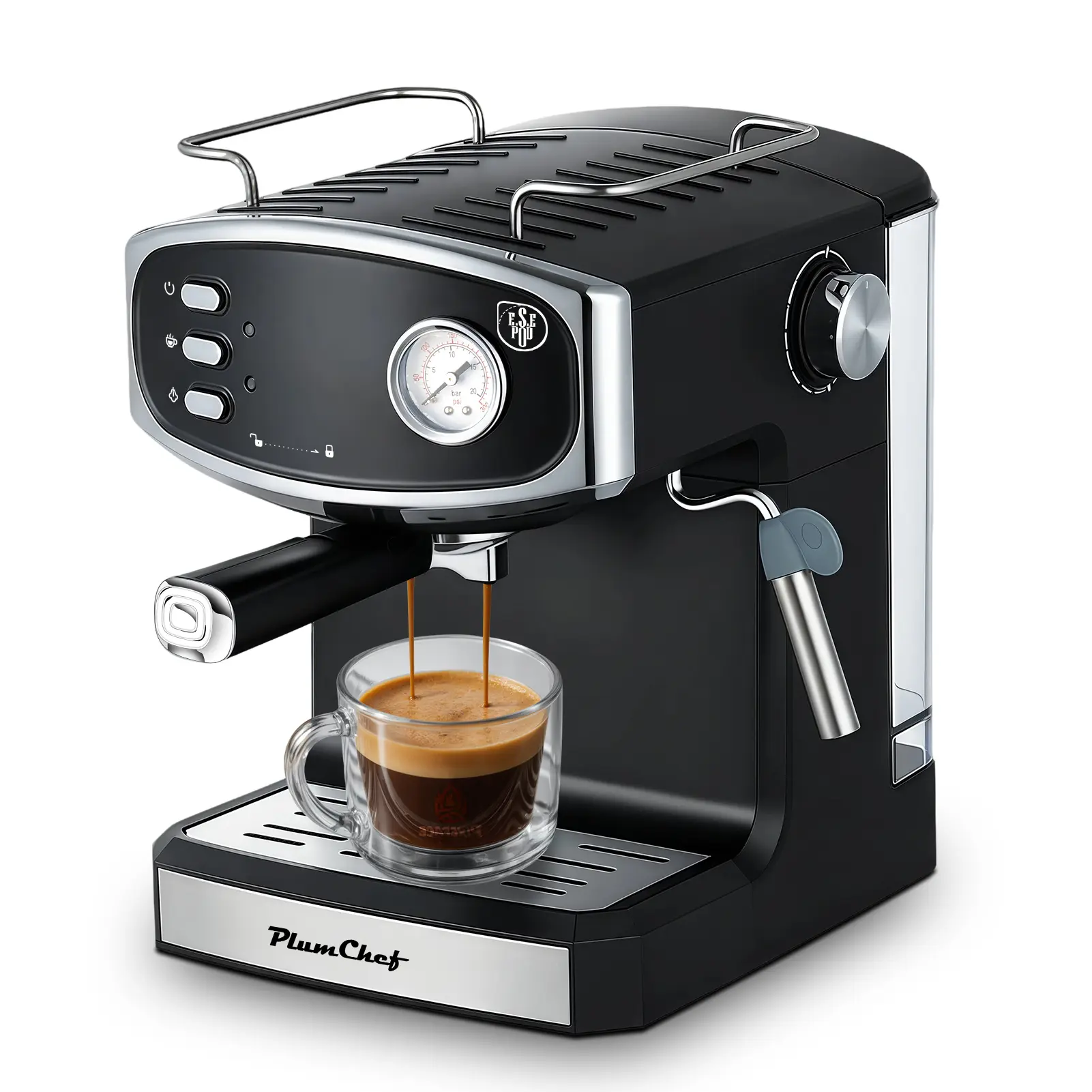 Plum Chef 20-Bar Semi-Automatic Espresso Machine for Home - Professional Compact Maker with Milk Frother Steam Wand, Pressure Gauge, 54oz Large Water Tank, Low Noise Fast Brewing for Cappuccino, Latte