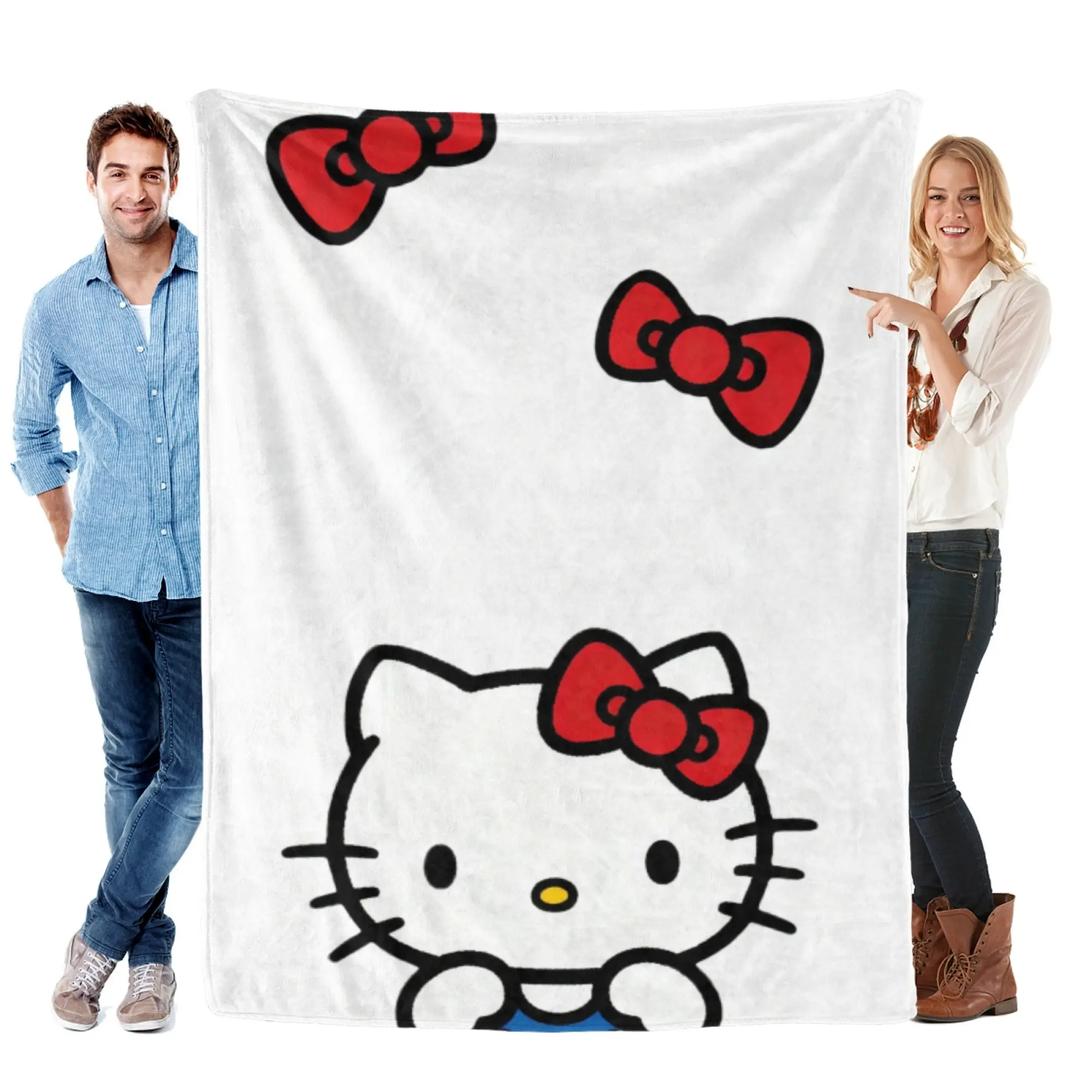 [SummerVibes] SANRIO CLASSIC Hello Kitty Red Bow Flannel Blanket - Soft, Warm, Lightweight with Vibrant 2D Cartoon Design, Sofa, Bed, Office, Blanket for Couch