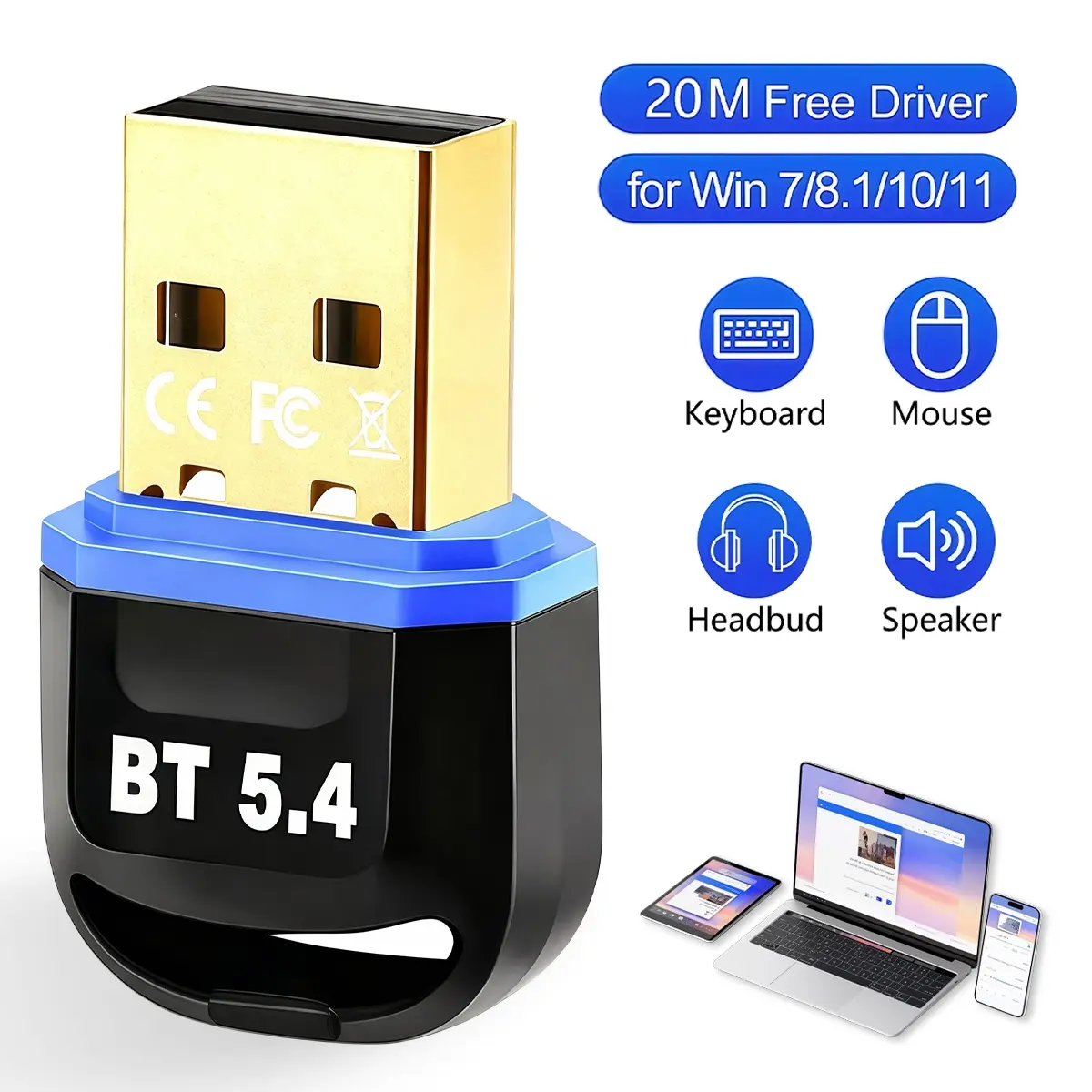 Bluetooth Adapter for PC - USB Bluetooth 5.4 Dongle with 65ft Range, Plug and Play for Windows 11/10/8.1/7 & Linux, Stable Connection for Wireless Headphones, Speakers, Keyboard, Mouse, Game Controllers, and Office/Home Use.