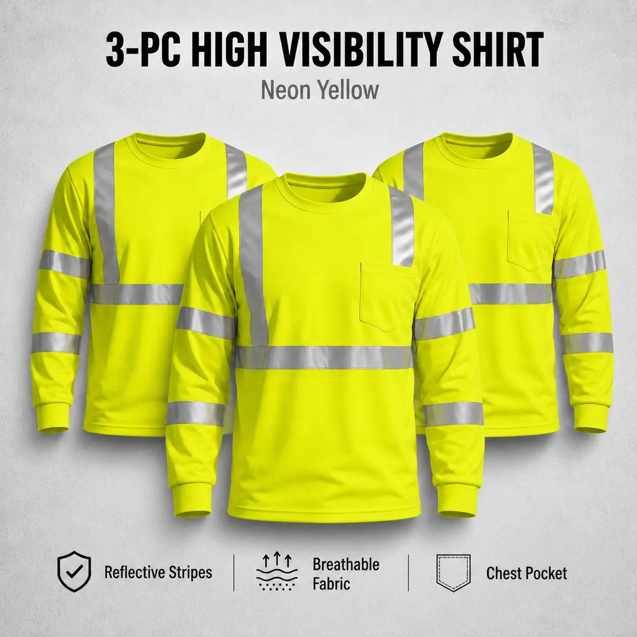 1/3-Pack Pomerol High Visibility Long Sleeve Work T-Shirts for Men, Reflective Strips, Breathable Lightweight Fabric with Pocket, Ideal for Construction, Warehouse, Outdoor & Night Use, Neon Yellow/Green Work Gloves